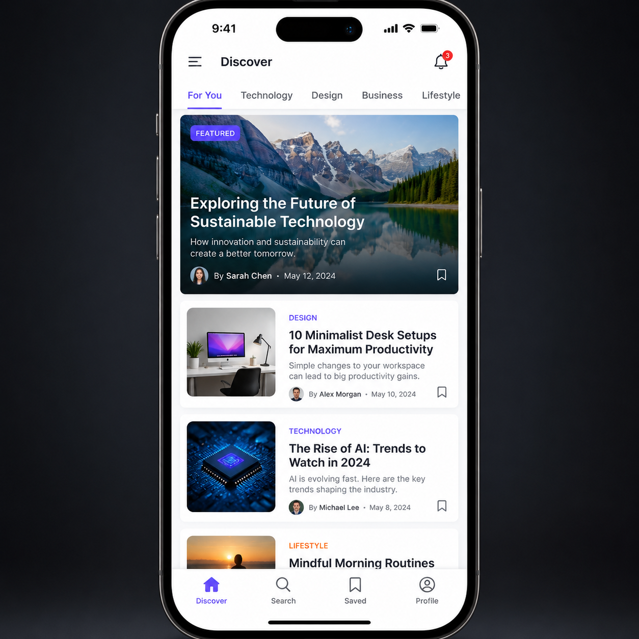 A phone screen scrolling through a structured content feed