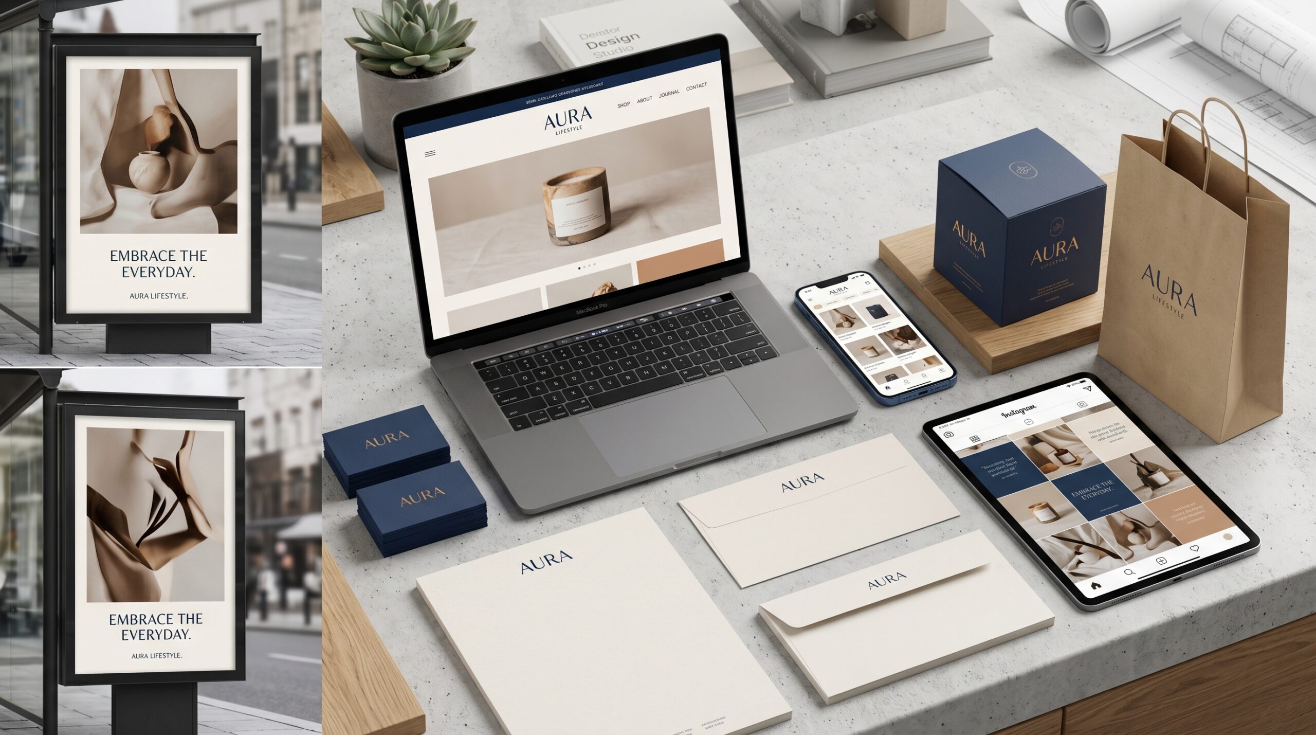 High-end mockups of brand applications across platforms