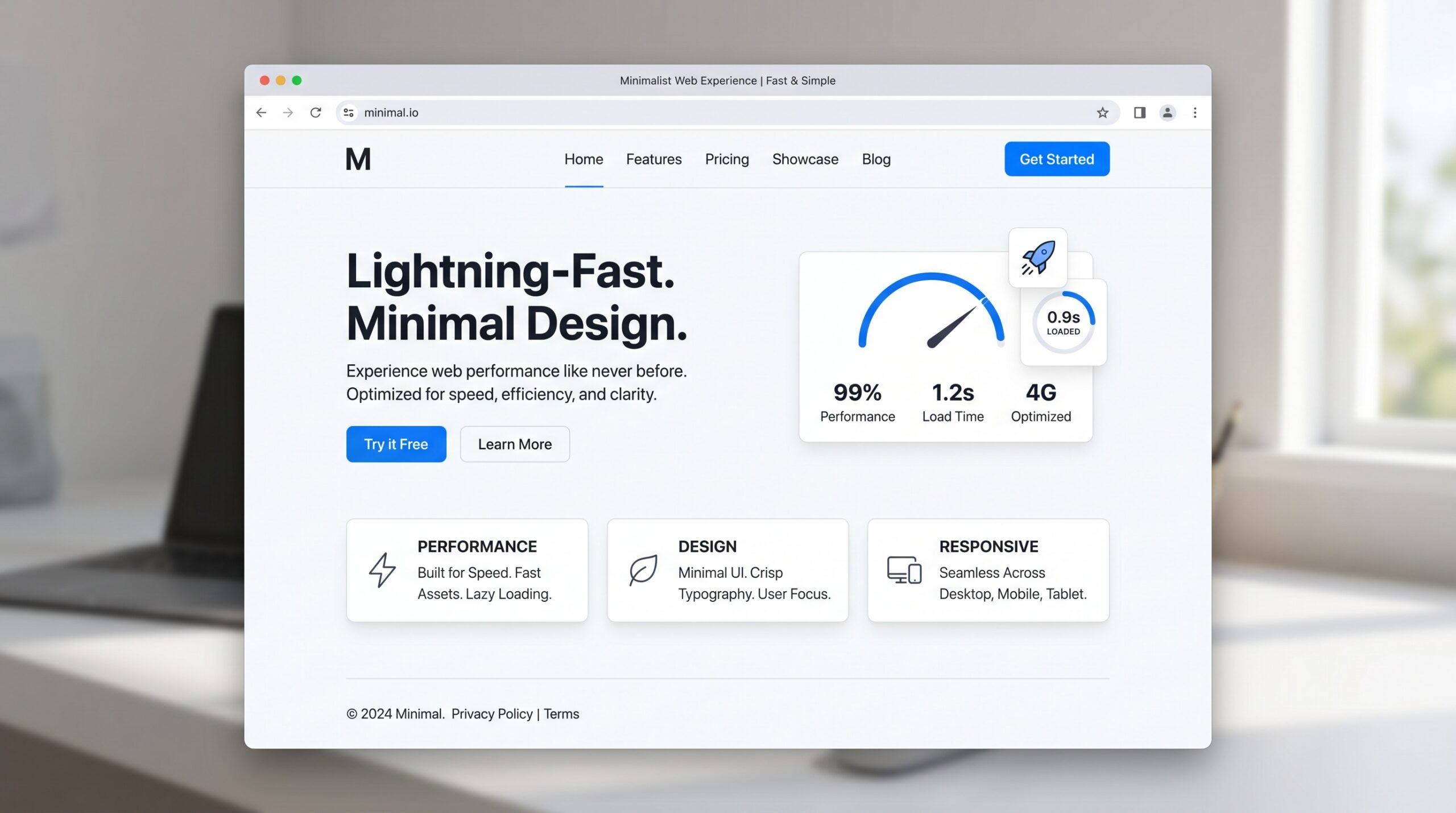Minimal fast-loading website interface visualization