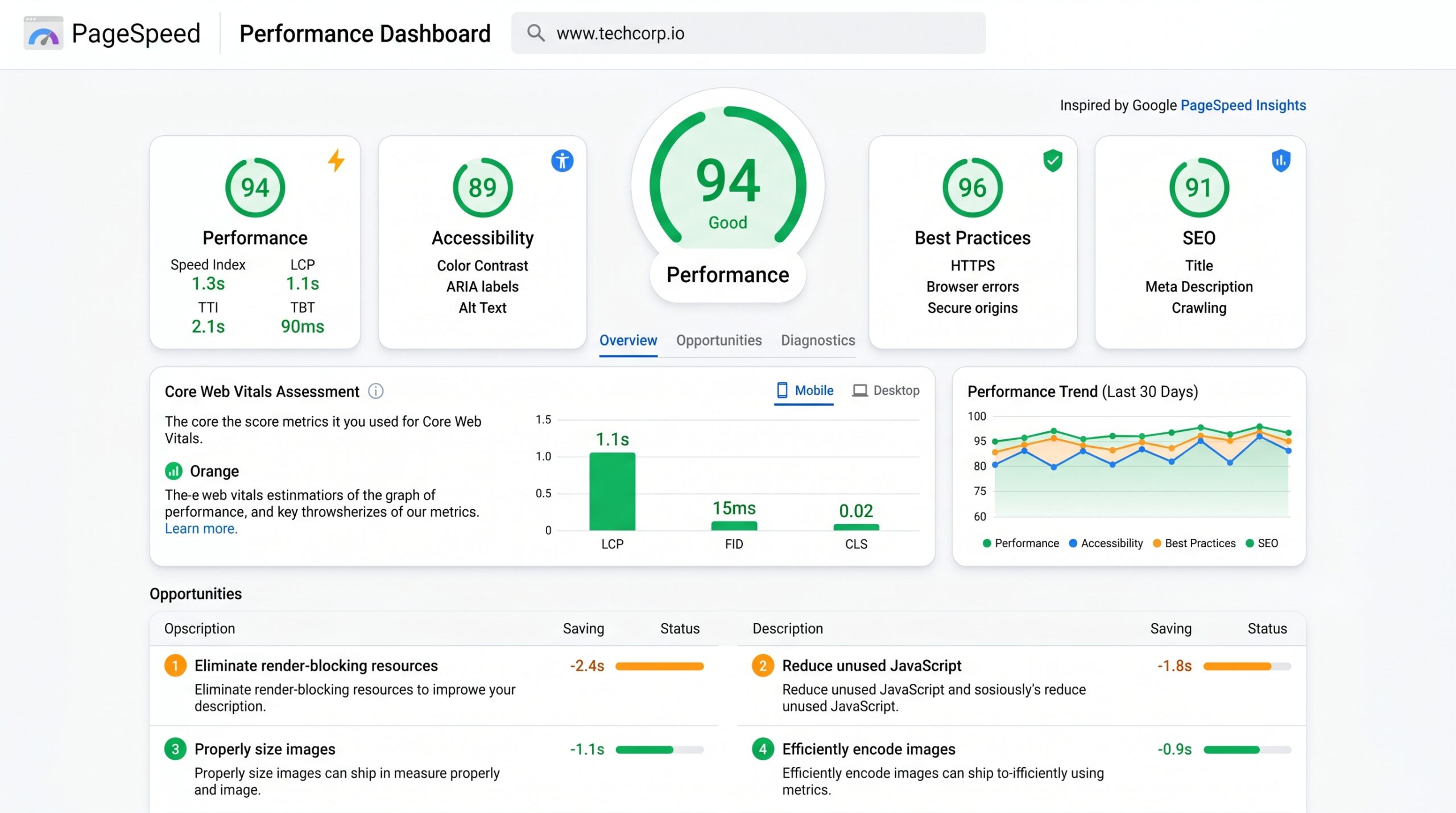 Performance score dashboard (Google PageSpeed style)