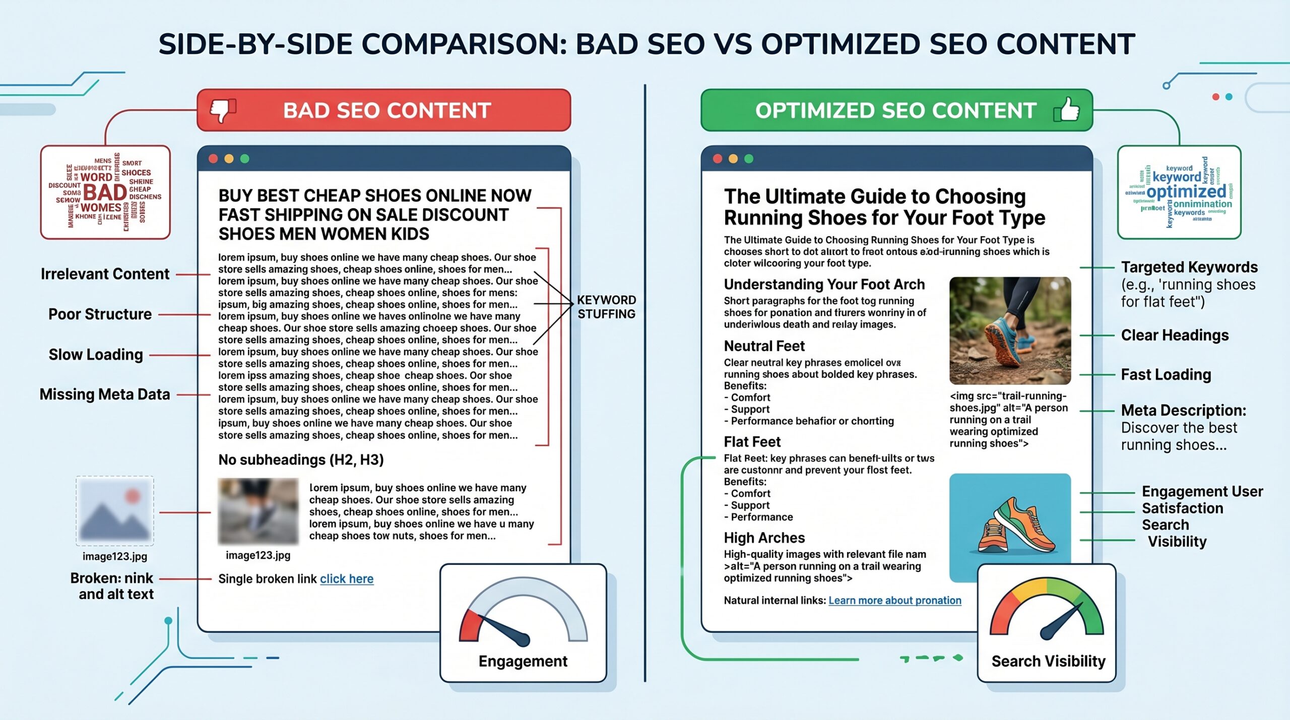 Side-by-side comparison of “bad SEO vs optimized SEO” content