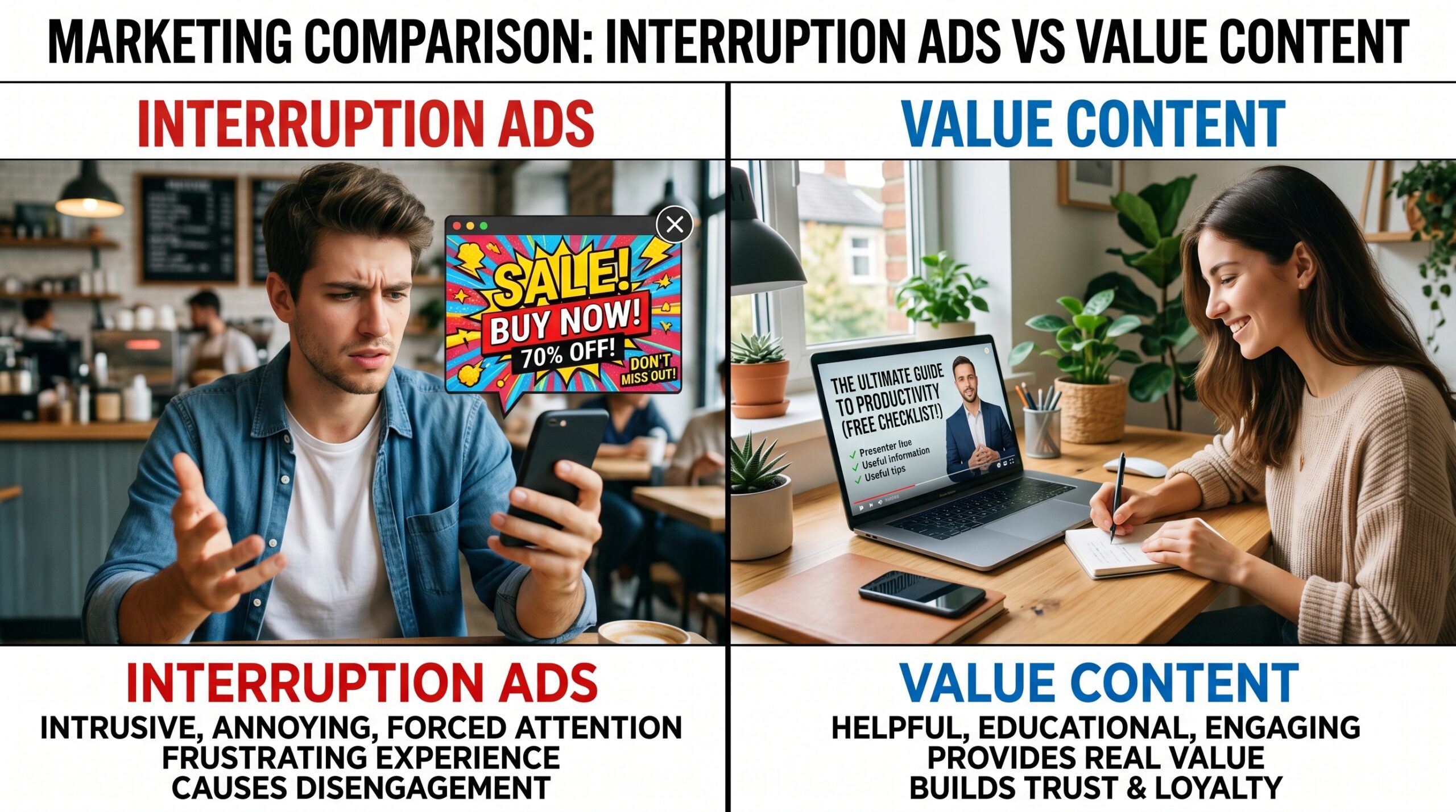 Split comparison “Interruption Ads vs Value Content”