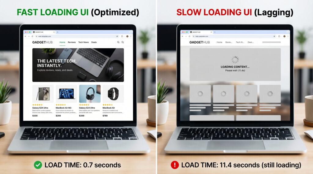 Website loading comparison (fast vs slow UI)